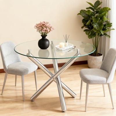 MODFU Ronde Eettafel - Gehard Glas - Kruispoot - Minimalistisch - Metaal - Zilver - 80 X 80 X 76 Cm