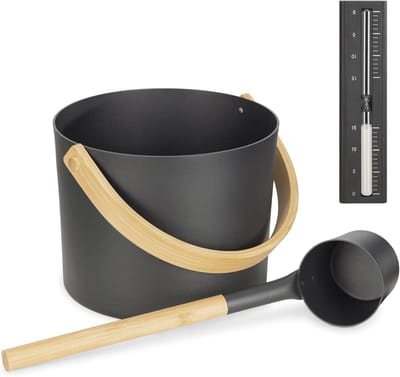 Drie-delige sauna set voor infusies - Aluminium met bamboo handvat - Buckets, lepel en zandloper