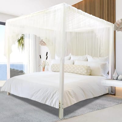 Beige bedhemelgordijnen, 4 hoekpalen, bedhemel, elegante bedgordijnen voor slaapkamerdecoratie, 75D polyester gaas, eenvoudige installatie, bedgordijn voor koning/koningin/volledige grootte