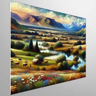 Olieverf landschap schilderij | Prachtig landschap geschilderd met levendige kleuren in olieverf | Kunst - 20x20 centimeter op Dibond | Foto op Dibond
