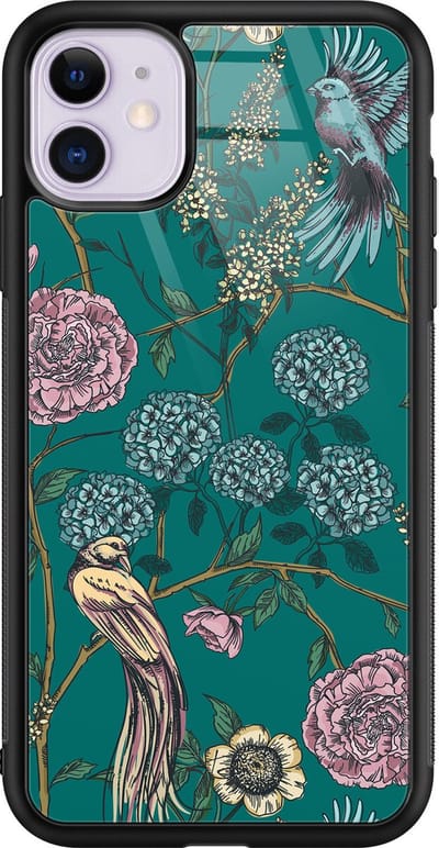Hoesje geschikt voor iPhone 11 - Vogels Japanse bloemen - Luxe Hard Case - Planten - Groen - Mooie Telefoonhoesjes
