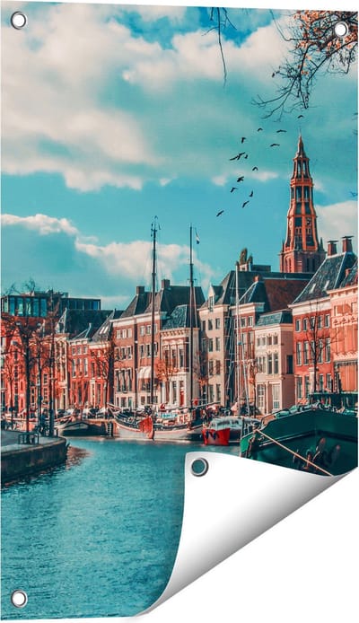 Gards Tuinposter Gracht in Groningen - 40x60 cm - Tuindoek - Tuindecoratie - Wanddecoratie buiten - Tuinschilderij