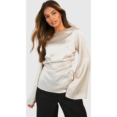 boohoo Dames Satijn Blouse met Slash-hals en geraffelde taille | Zand | Maat: 36