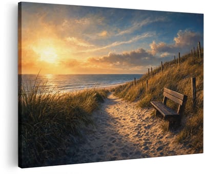 Artaza Canvas Schilderij Strand Zonsondergang - Duinen En Zee - 30x20 cm - Klein - Wanddecoratie Woonkamer - Schilderijen - Muurdecoratie