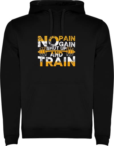 Zwarte unisex hoodie met “ Kleurrijke No Pain No Pain shut Up and Train – Bodybuilden – Dumbell - Sport – Zet Door – Niet opgeven “ Print Full Color Color merk Roly maat S