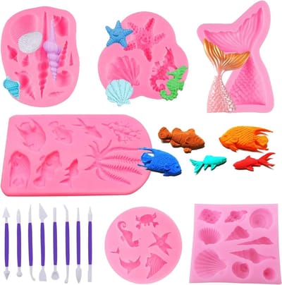 5-delige Siliconen Mallen Set voor Fondant en Bakken - 3D Schelpen en Vissen voor Verjaardagen en Babyshowers