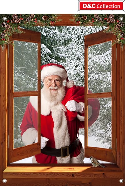 Kerst poster doorkijk - tuinposter - 90x65 cm - bruin venster bos kerstman mus - kerstposter - winterposter - kerstdecoratie