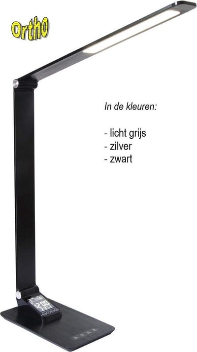 Ortho® - Luxe Bureaulamp Zwart - LED - Warm Wit en Daglicht - Dimbaar - met USB oplaadpoort - incl. Klok - incl. Kalender -Incl. Alarm - Max 12W – 2700K/6500K - Zwart