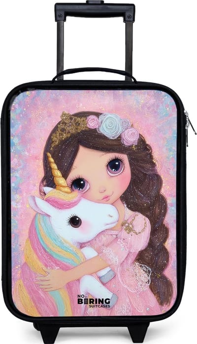 NoBoringSuitcases.com® - Kinderkoffer jongen - Kindertrolley meisje - Meisje - Eenhoorn - Glitter - Koffer kind lichtgewicht - Reiskoffer trolley voor kinderen - Koffertje met lichtgevende wieltjes - Rolkoffer zwart