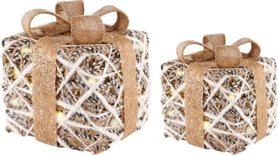 Dekoratief | Set 2 cadeautjes, goud/glitter, rotan, LED, 20x20x25cm | A225046