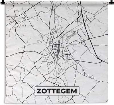 Wandkleed - Wanddoek - Zwart Wit – België – Plattegrond – Stadskaart – Kaart – Zottegem - 180x180 cm - Wandtapijt
