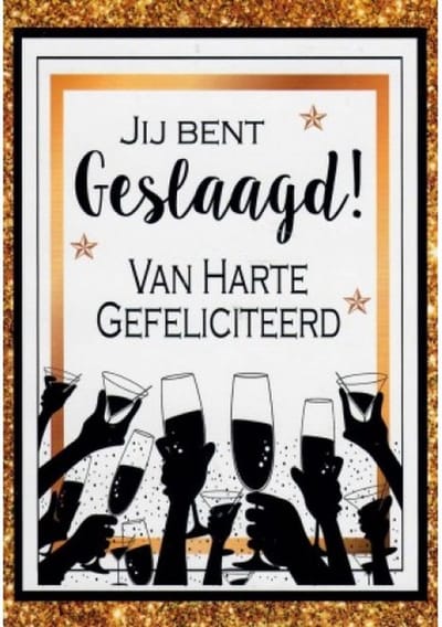 Jij bent geslaagd! Hartelijk gefeliciteerd proost! Een grappige kaart waarbij veel handen te zien zijn met een glas drinken! Een leuke kaart om zo te geven of om bij een cadeau te voegen. Een dubbele wenskaart inclusief envelop en in folie verpakt.