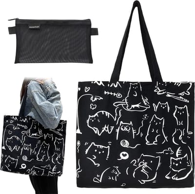 Leuke Herbruikbare Grote Cat Tote Bag van Canvas met Rits en Vakken - Ideaal voor Kattenliefhebbers, Perfect voor Winkelen en Dagelijks Gebruik