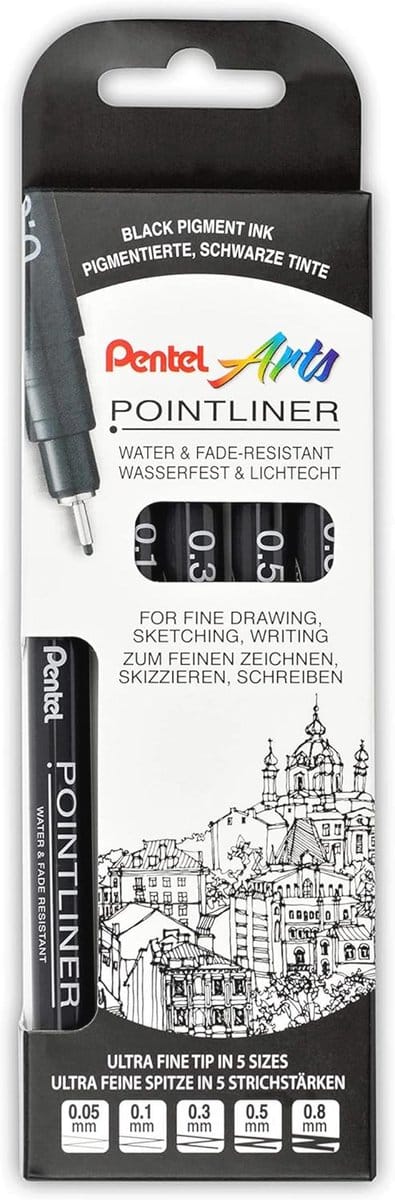 5-delige set fineliners, zwart, waterdicht en lichtecht, 0,05-0,8 mm - Perfect voor tekenen en schrijven