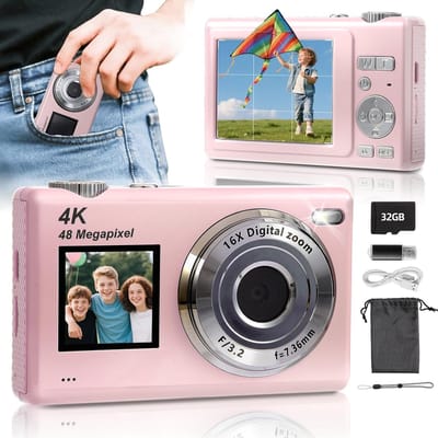 Digitale Camera met Dubbel Scherm, Autofocus 4K 48MP, Vlogcamera voor Kinderen en Beginners, met 32GB Kaart, 16X Zoom, Beeldstabilisatie, Perfect Cadeau voor Jongens en Meisjes - Y5