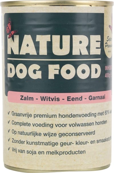 Nature Dog Food -zalm-witvis-eend-garnaal & zoeteaardappelen-wortel-spinazie 60% (vers) vlees - graan vrij - natuurlijke ingredi�nten - blik - 400 gram