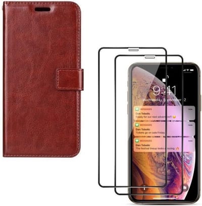 Bookcase Geschikt voor: iPhone X / XS - Bruin - Portemonnee hoesje + 2X Full cover Tempered Glass Screenprotector