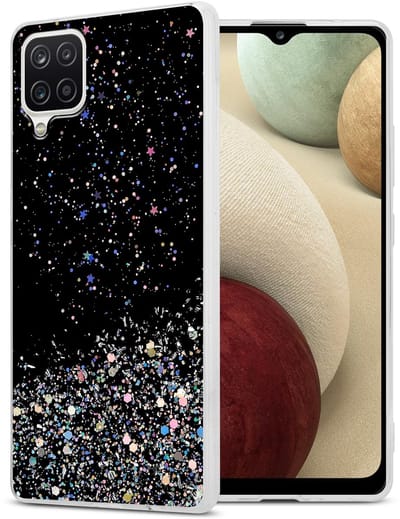Cadorabo Hoesje geschikt voor Samsung Galaxy A12 / M12 in Zwart met Glitter - Beschermhoes van flexibel TPU silicone met fonkelende glitters Case Cover Etui