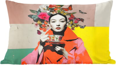 Sierkussens - Kussentjes Woonkamer - 60x40 cm - Retro - Vrouw - Kopje - Vlinders