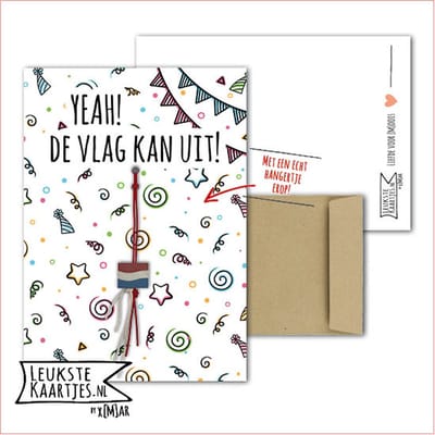 Kaartkadootje -> Vlaggetje - No:07 (Yeah! De vlag kan uit! - Gelukspoppetje houten Nederlandse vlag - Geslaagd-school-certificaat-rijbewijs-eindelijk gelukt-etc - Vlaggen confetti spiralen, gekleurd) - LeuksteKaartjes.nl by xMar