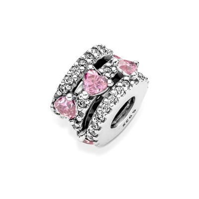 Fler® | Bedel | Past op populaire bedelarmbanden (standaard - 3mm) | Sprankelende Drievoudige Stralenkrans Harten Bedel | Hangbedel Charm | 925 sterling zilver | Transparante & Roze zirkonia | Armband Kraal | Valentijnsdag Cadeau | Sinterklaas kado