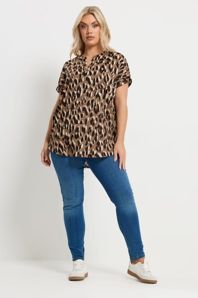 Yours Bruine Getextureerde Top Met Luipaardprint En Inkeping In De Hals Size 42