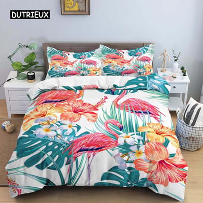 Flamingo Groene Plant Palmblad Dekbedovertrek Zachtroze Comfortabel Dekbedovertrek Cartoon Flamingo Beddengoedset voor Vrouwen Meisjes Decor EU single(135x200cm)