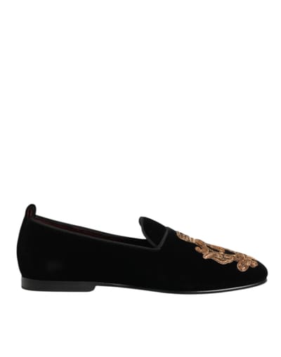 Dolce & Gabbana Zwarte Fluwelen Gouden Kroon Heren Instappers