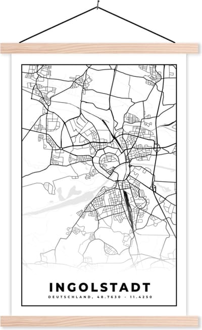 Posterhanger incl. Poster 40x60 cm - Schoolplaat - Ingolstadt - Plattegrond - Kaart - Stadskaart - Textielposter - Blanke latten - Stadskaart