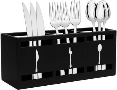 Houten Keukenhulpmiddelenhouder met 3 Compartimenten, Organisator voor Bestek en Keukengerei met Handvat en Antislip Pads voor een Industriële Keukenstijl