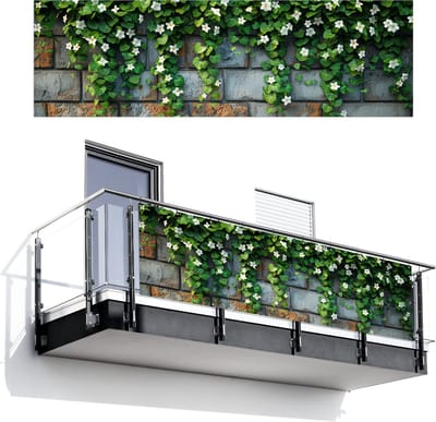 Balkonscherm 300x95 cm - Balkonposter Klimop - Groen - Stenen - Wit - Grijs - Balkon scherm decoratie - Balkonschermen - Balkondoek zonnescherm