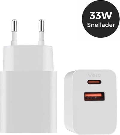 USB C & USB oplader 33W – snellader met 2 poorten – GaN adapter – Geschikt voor iPhone 17/16/15/14/14/13 en Samsung – zwart – WiseQ