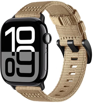 Stravo Tactical Nylon Horlogebandje – Robuust Canvas Design – Geschikt voor Apple Watch 49mm (Ultra 1/2/3) / 46mm (Series 11/10) / 45mm (Series 9/8/7) / 44mm (Series 6/5/4/SE 1/2/3) – Sportief & Duurzaam – Khaki