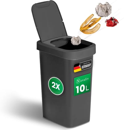 Novaliv 2-pack afvalbak 10L met 2-in-1 deksel, scharnierdeksel en zwaaideksel, anti-geur afvalbak voor badkamer, keuken, huishouden, kantoor, afvalbak, emmer, afval, plastic afvalcontainer