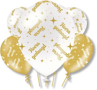 BTH – Hoera Geslaagd Latex Ballonnen – 6 stuks – Wit-Goud – Verjaardag Versiering – Helium – 30cm