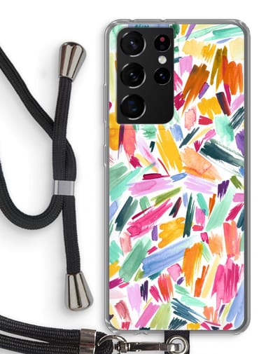 Hoesje met koord geschikt voor Samsung Galaxy S21 Ultra hoesje met Koord - Watercolor Brushstrokes - Telefoonhoesje met Zwart Koord - Bescherming aan alle Kanten en Over de Schermrand
