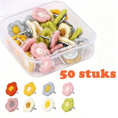 Bloem Pushpins - 50 Stuks - Punaises - Decoratieve Pinnen - Met Opbergdoos - Decoratieve Prikbord Pinnen - Wereldkaart - Kantoor Artikelen - Geschikt Voor Prikborden, Huisdecoratie, Kaartmarkeringen - Willekeurige Kleur