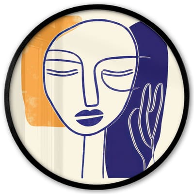 Poster in lijst Rond - Fotolijst 40x40 cm - Posters - Minimalistisch - Gezicht - Hand - Oranje - Blauw - Ronde posterlijst zwart - Decoratie - Wanddecoratie woonkamer - Muurdecoratie slaapkamer
