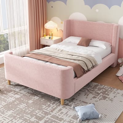 Gestoffeerd kinderbed, eenpersoons sleebed met kosmisch patroon, 90 x 200 cm, voor jongens en meisjes, roze, fluweel (zonder matras)