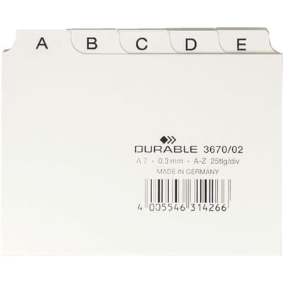 DURABLE tabkaarten, A7, letters A-Z, kunststof, wit