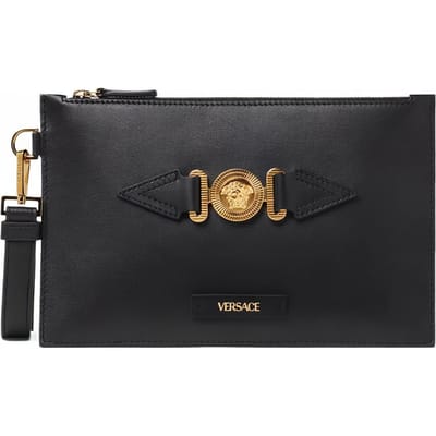 Versace Medusa Biggie Serie Afneembare Riem Ritssluiting Leren Clutch Kleine Heren clutch Zwart Goud 1006240-1A03190-1B00V Basic Set (Bag+Dust Bag)