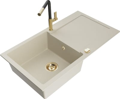 Mexen Leo granieten spoelbak 1-komor met afdruiprek en keukenmengkraan Flora, beige - 6501-69-670401-57-G
