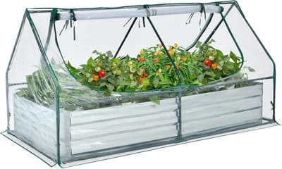 COSTWAY 3-in-1 broeikas met verhoogd bed, metalen plantenbak, pvc-folie, bloembed met twee ramen, rechthoekig broeibed voor bloemen, kruiden in de tuin, terras en balkon, zilver (180 x 90 x 91 cm)