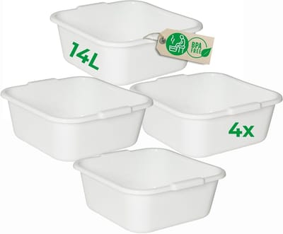 Novaliv 4x Vierkante Afwaskommen 14L, 38x38 cm, Wit, BPA-vrij, Vaatwasserbestendig, Ideaal voor Keuken en Camping, Bad, Grote Kunststof Kom, Vierkante Afwaskom, Afwasbak, Afwaskom