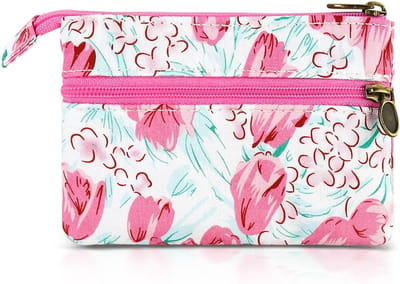 Dames Mini Tas van Canvas met 2 Ritsvakken, Bohemian Stijl voor Munten, Contant Geld en Kaarten in Tulpenroze