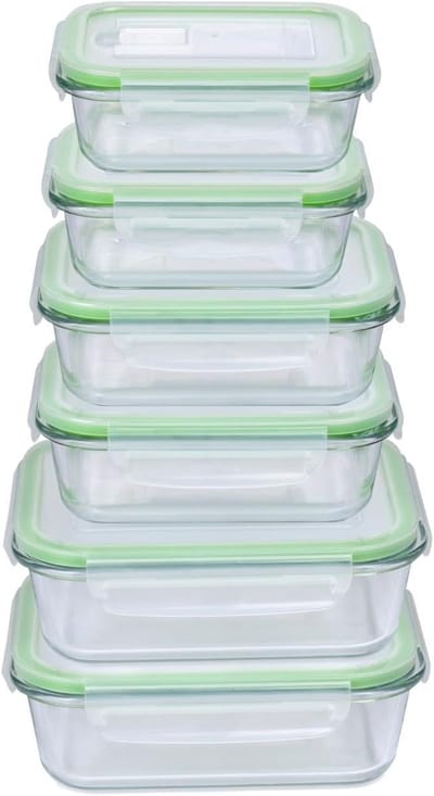 Famanu - Vershouddozen met deksel, glas, 12-delig, glazen container, opbergdoos, magnetron, vriezer, boven en vaatwasser veilig, 3 maten