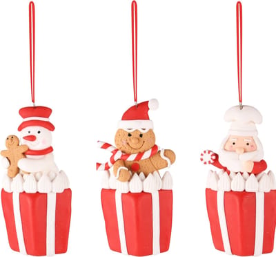 Dekoratief | Hanger sneeuwman/santa/cookie, rood/wit, klei, 6x2x10cm, set van 3 stuks | A235058