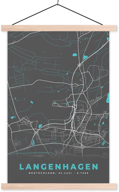 Posterhanger incl. Poster 60x90 cm - Schoolplaat - Stadskaart – Langenhagen – Duitsland – Plattegrond – Kaart - Textielposter - Blanke latten - Stadskaart