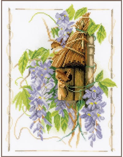 Lanarte Borduurpakket - Borduurset - Borduurpakket volwassenen - Telpakket kit - 27 x 34cm - Winterkoninkje tussen blauweregen - Marjolein Bastin - PN-0021208