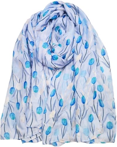 Lange dames sjaal Ida gebloemd motief tulpenmotief blauw wit grijs zwart turquoise groen goud